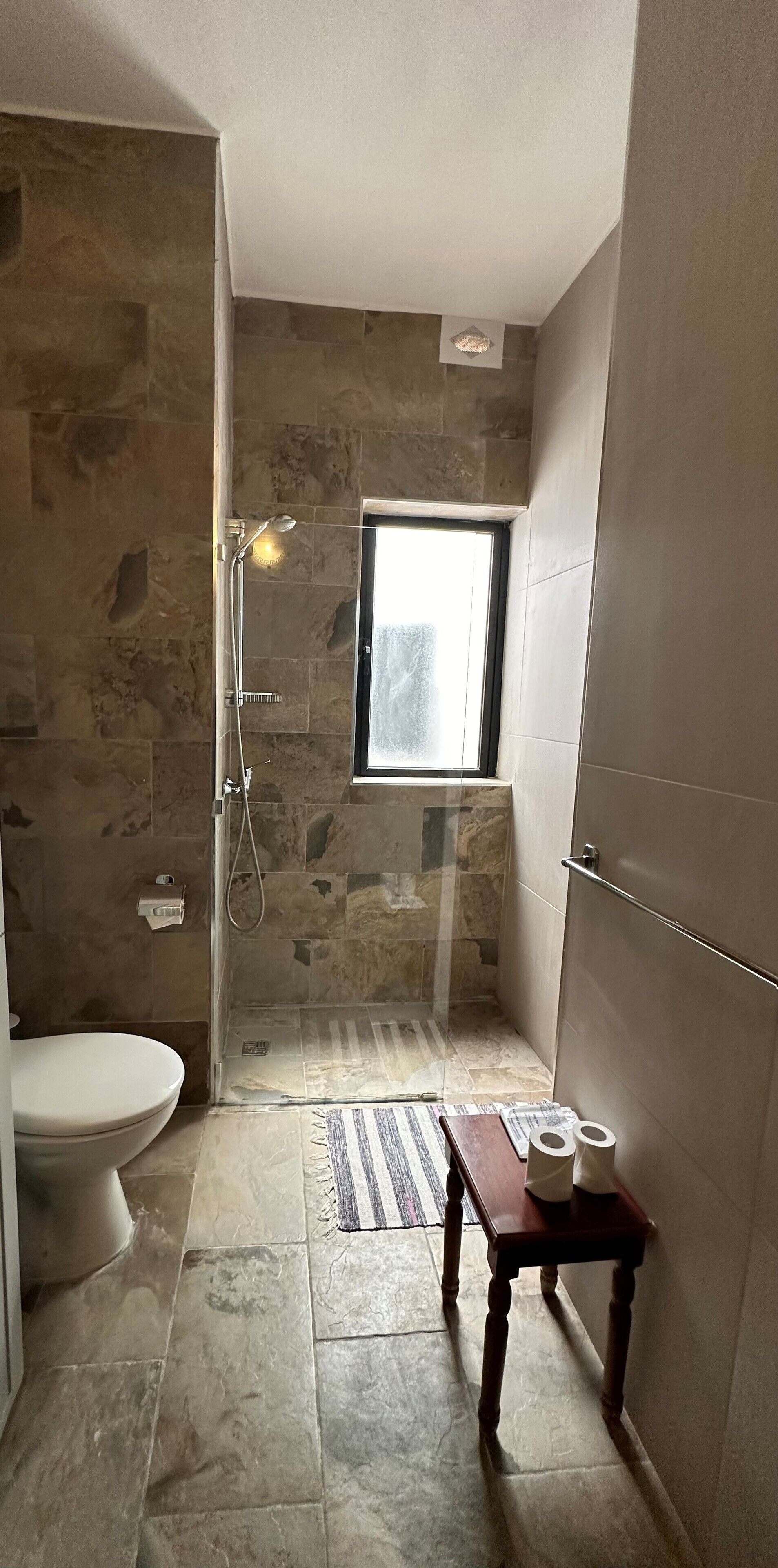 Secador de cabelo, toalhas de banho, sabonete, shampoo