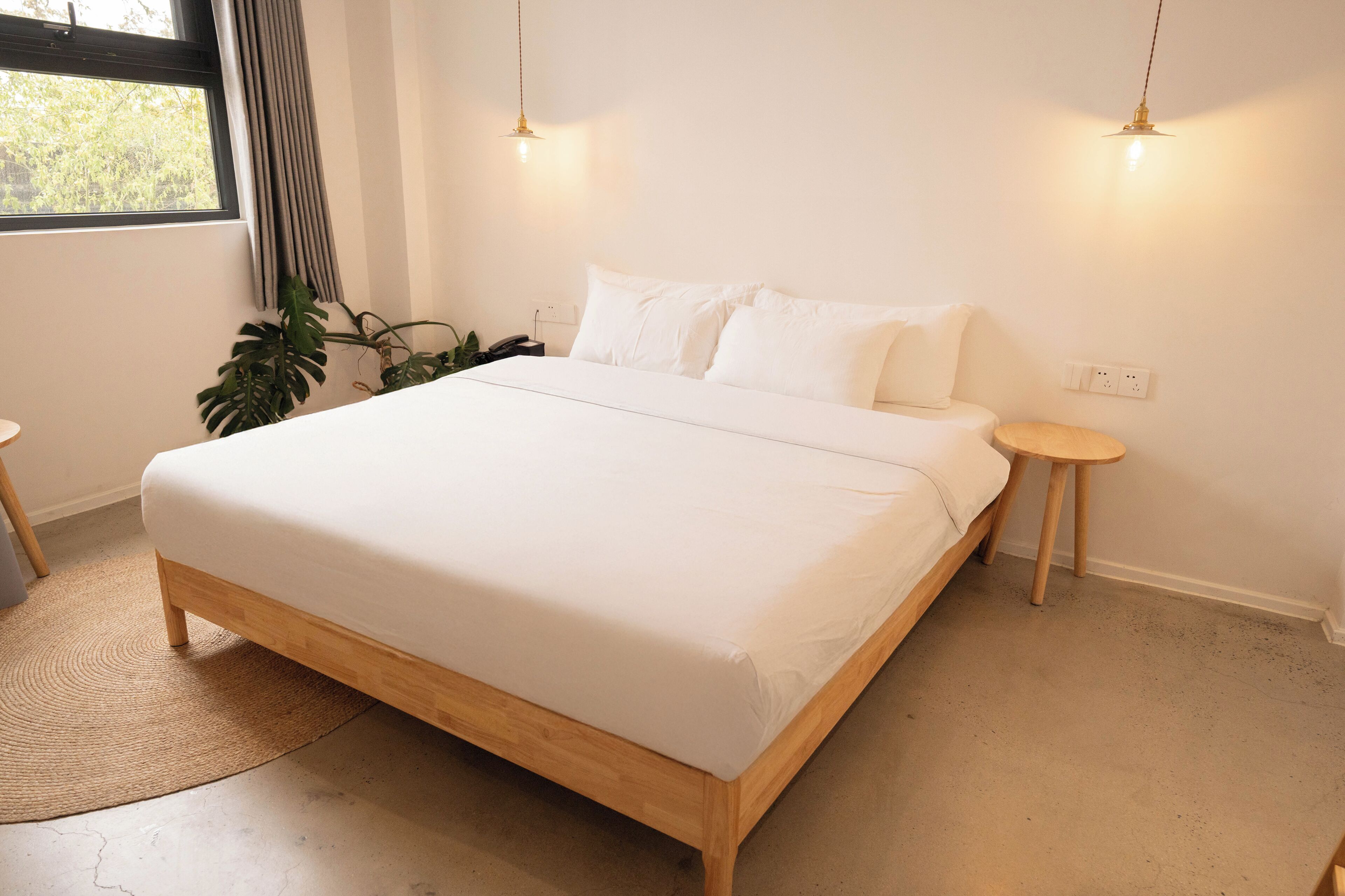 A bedroom with a large bed, two bedside tables, a small round table, and a potted plant.