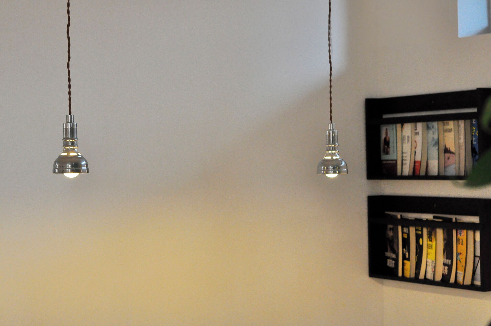 Twee hanglampen aan het plafond in een kamer met een boekenkast tegen de muur.