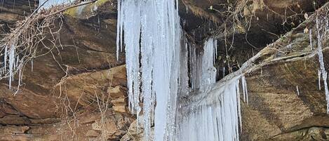 Icicles hanging from a rock surface.