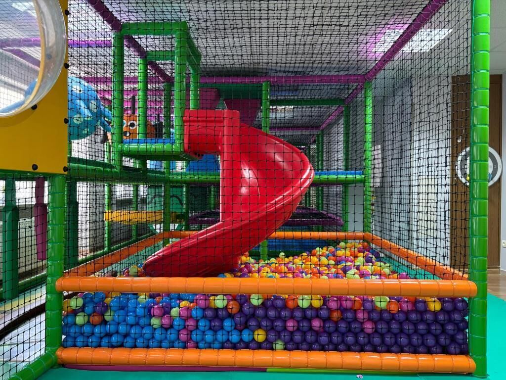 A play area with a red slide, a ball pit, and netted safety barriers.