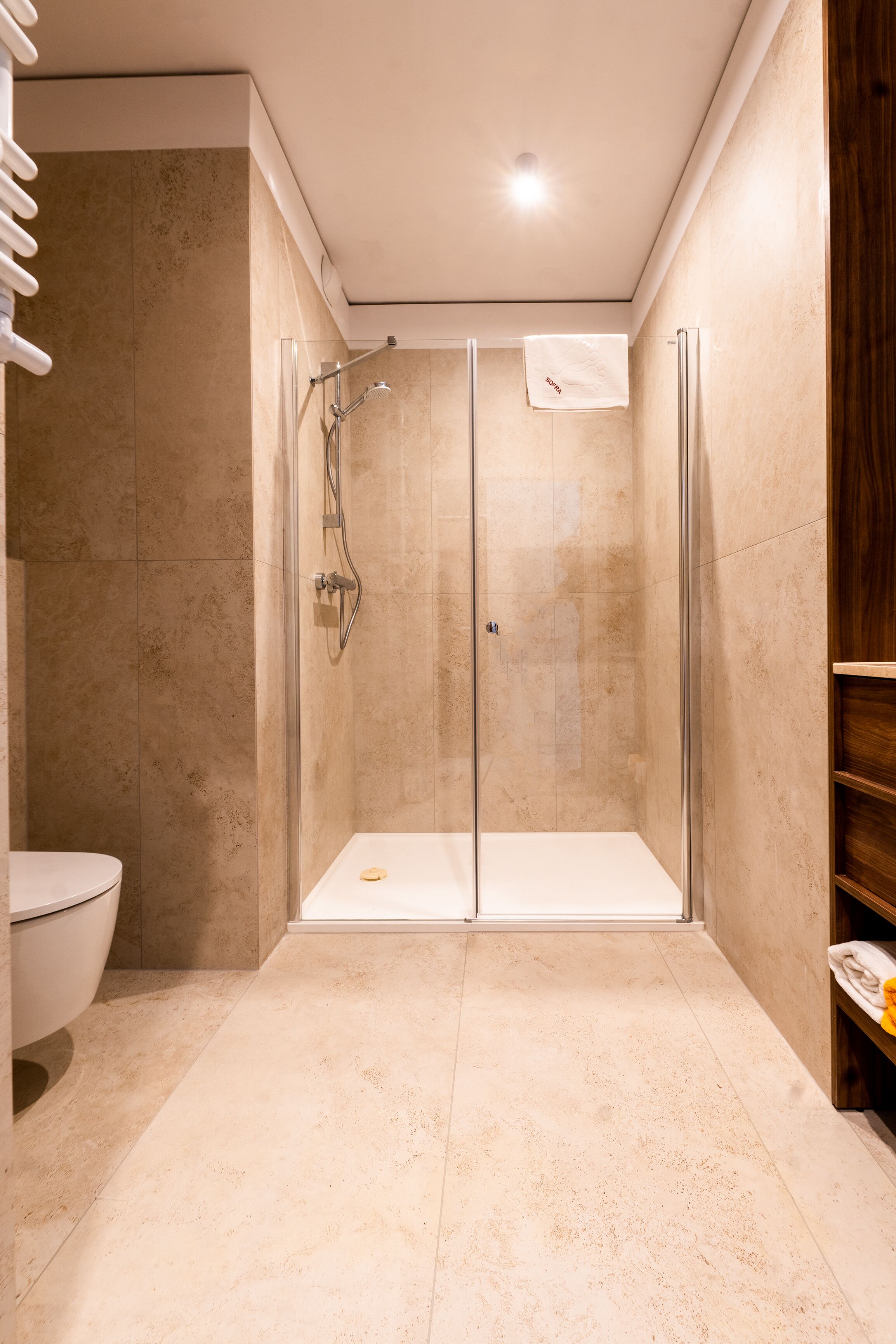 A modern bathroom with a glass-enclosed shower, a white toilet, and a wooden vanity.