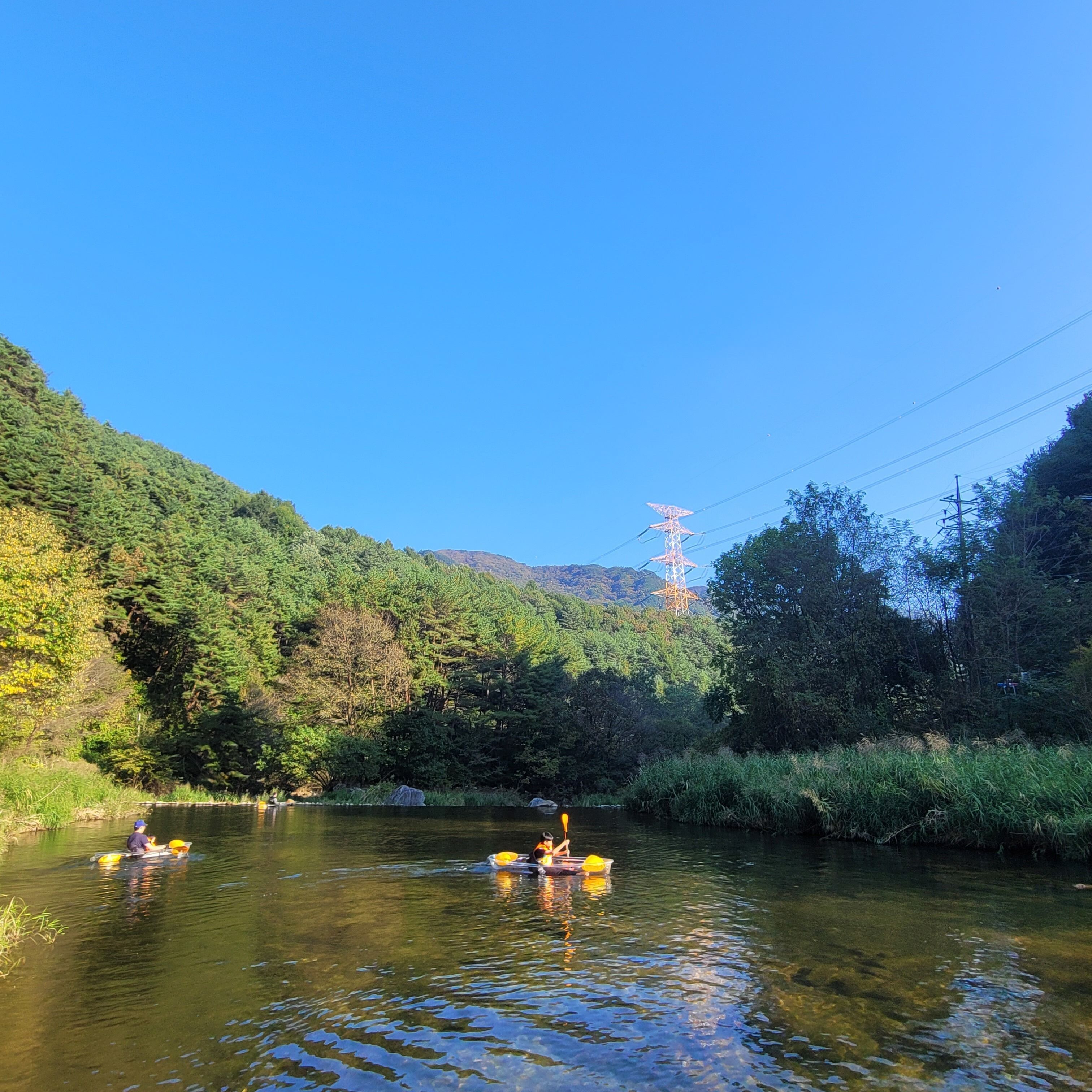 A calm river with kayaks, surrounded by dense forest and a power line tower in the background.