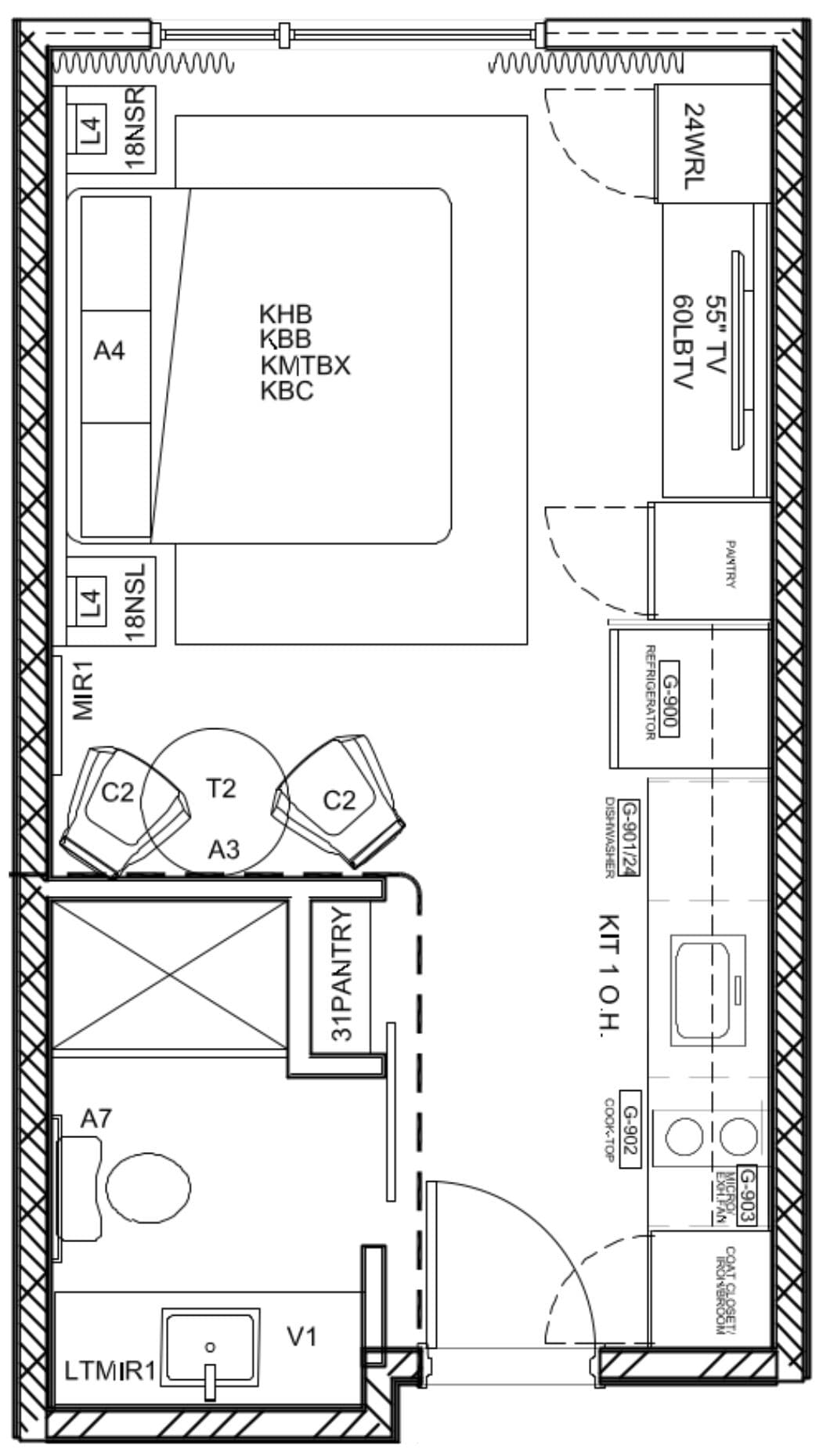 A floor plan of a hotel room with labeled areas including a kitchen, pantry, and bathroom.