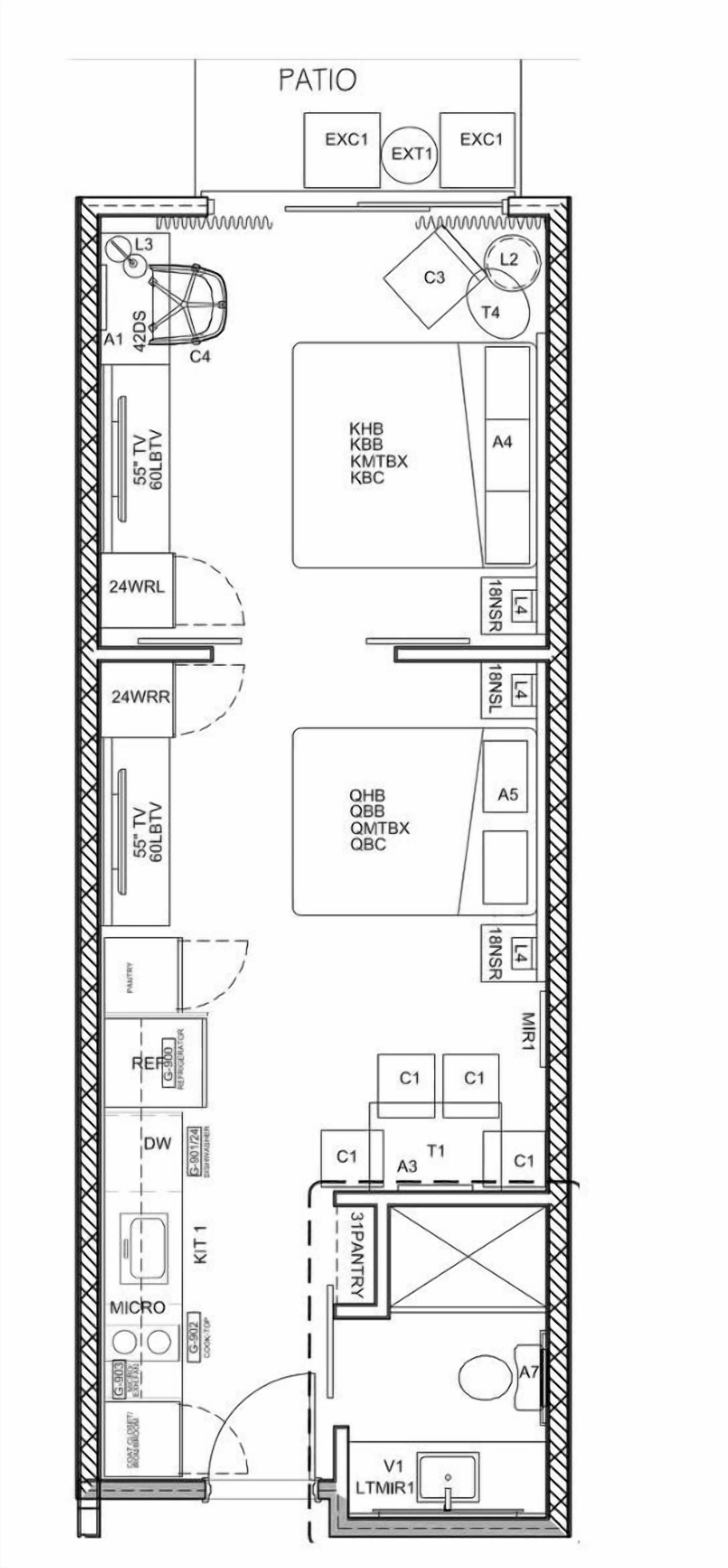 A floor plan of a hotel with a patio area, multiple rooms labeled A1-A7, a kitchen, a micro kitchen, and a 3-pantry section.