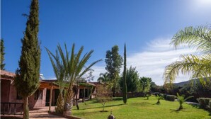 A well-maintained garden with a curved stone pathway leading to a building with a tiled roof. - Palais d'Ouzoud (Ait Taguella)