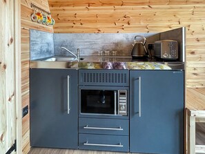 Una cocina compacta con lavamanos, microondas y tostadora.