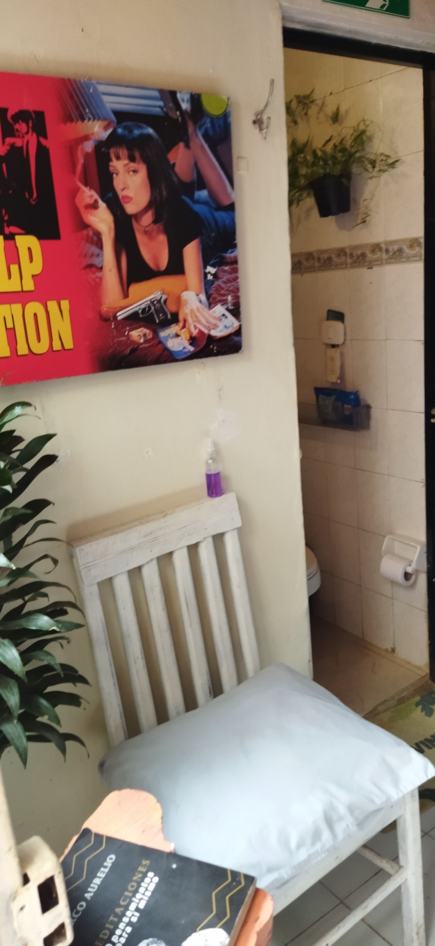 Baño con inodoro, lavamanos y zona de ducha. Hay una silla con cojín y un libro encima. Se ve una planta en la esquina.