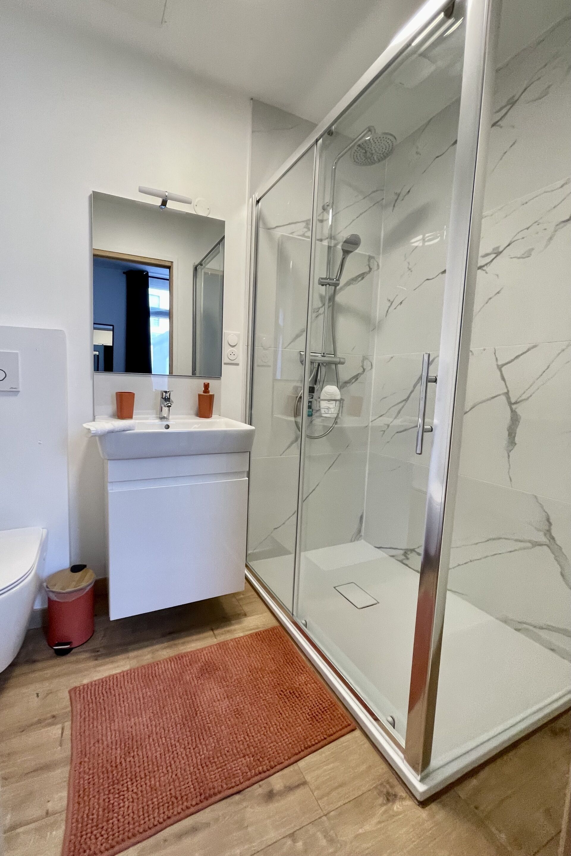 Une salle de bain moderne avec une douche à parois de verre, un lavabo blanc et un miroir au-dessus.