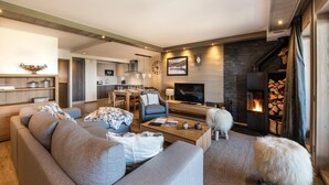 A modern living room with a fireplace, a sofa, a coffee table, and a dog. - Wifi, 150m from ski slopes, 2nd floor, view mountain, sauna, balcony, fireplace or stove, parking (Courchevel)