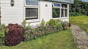A single-story house with a white exterior, a small porch, and a well-maintained garden with various plants and flowers. - 2 bedroom accommodation in Roch, near Haverfordwest (Roch, near Haverfordwest)