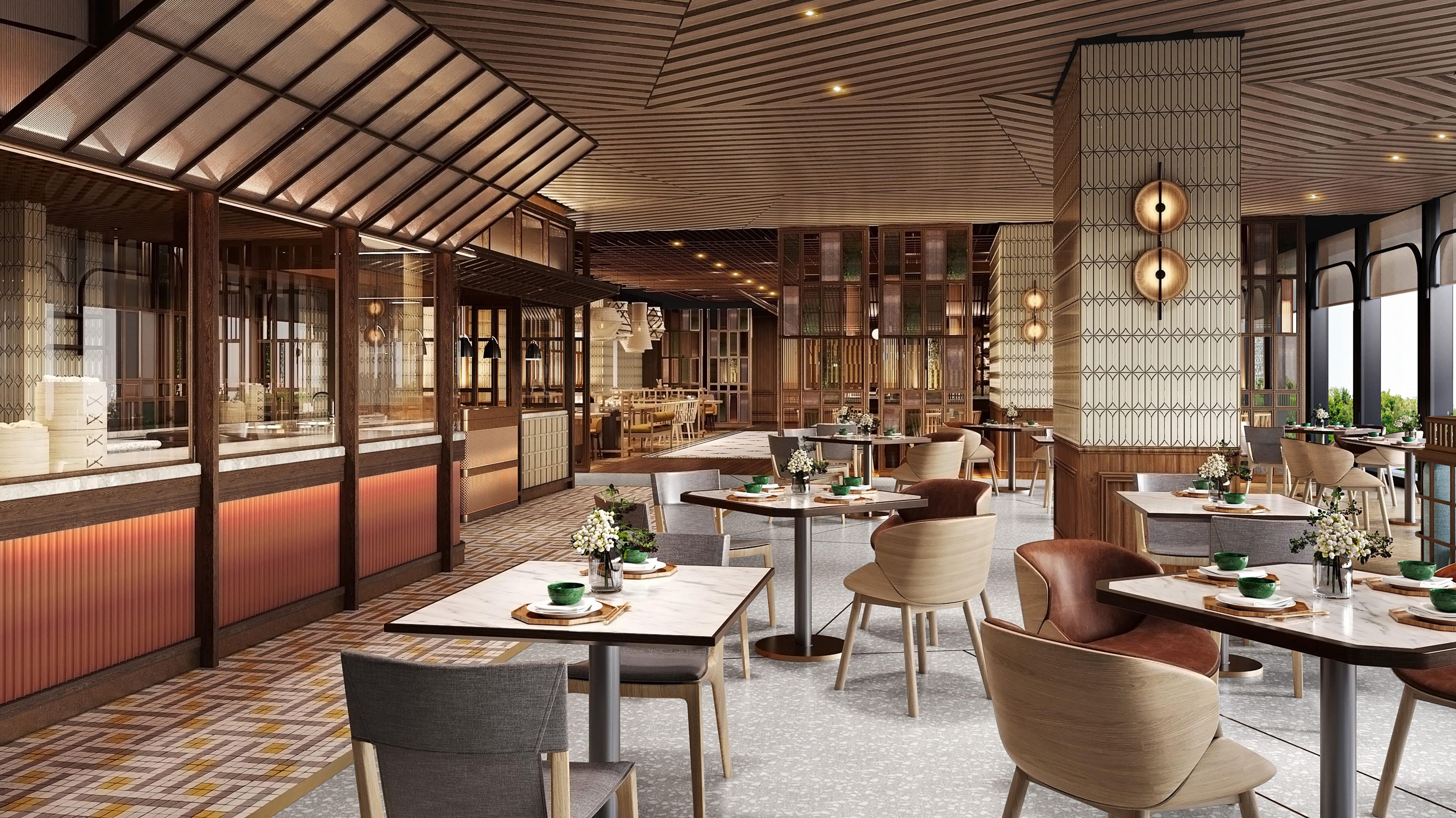 A restaurant with a modern interior, featuring tables and chairs, a patterned ceiling, and large windows.