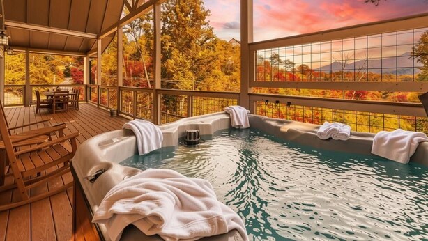 A hot tub area with a wooden deck, a table, and chairs.