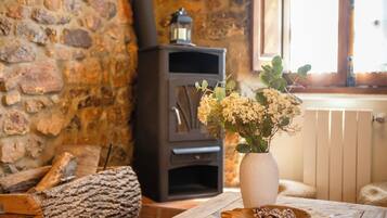 A rustic interior with a stone wall, a wood-burning stove, a vase with flowers, and a wooden table.