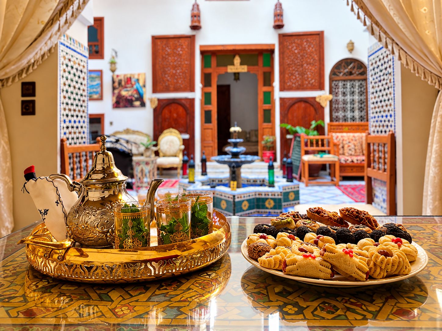 Un décor marocain traditionnel avec une table dressée pour le thé, une fontaine et une variété de pâtisseries.