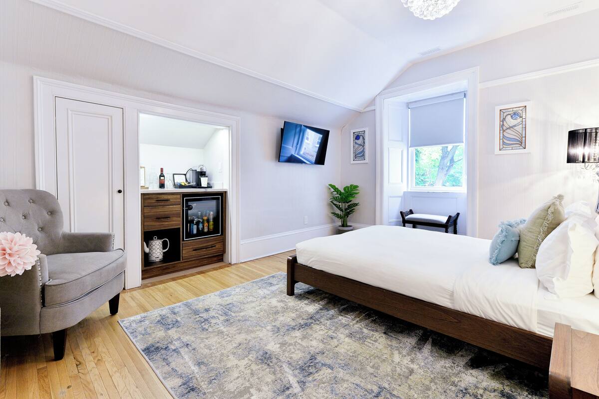 Un dormitorio con cama, una silla, televisión, planta y ventana.