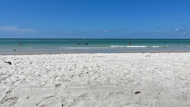 Una spiaggia sabbiosa con impronte e un cielo azzurro limpido.