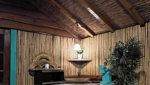 Een kleine keuken met houten wanden, een magnetron, een spoelbak en een klein aanrecht.