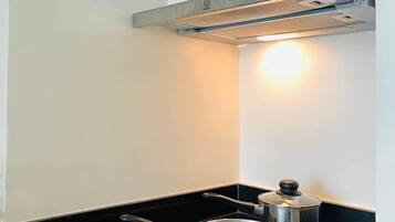 Fridge, microwave, stovetop, cookware/dishes/utensils