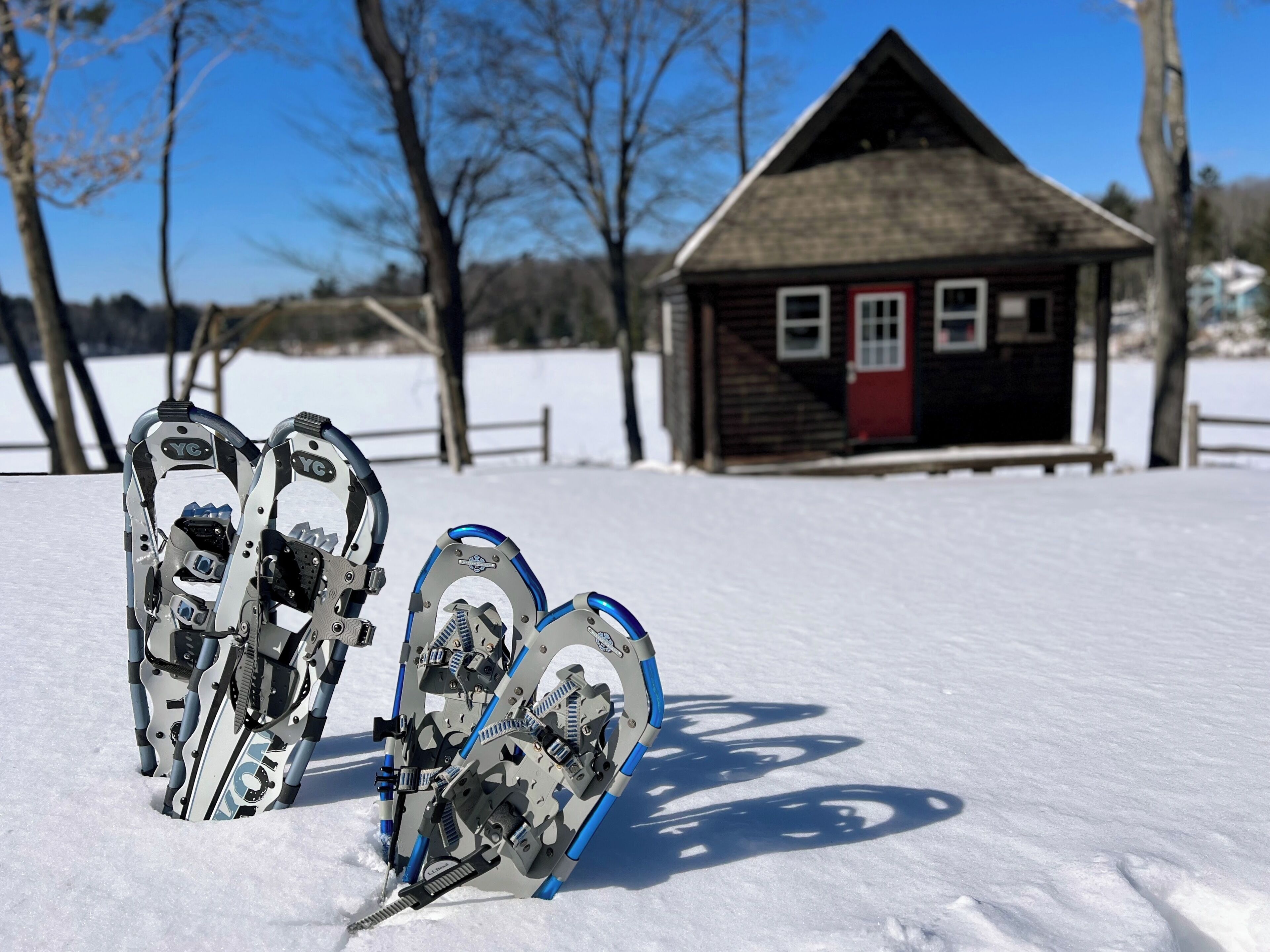 Rakelas de nieve en un campo nevado con una cabaña de madera al fondo.
