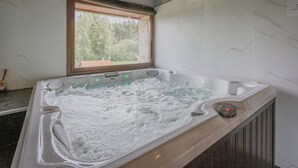 Un jacuzzi con vista a través de una ventana, un panel de control y una pared de mármol.