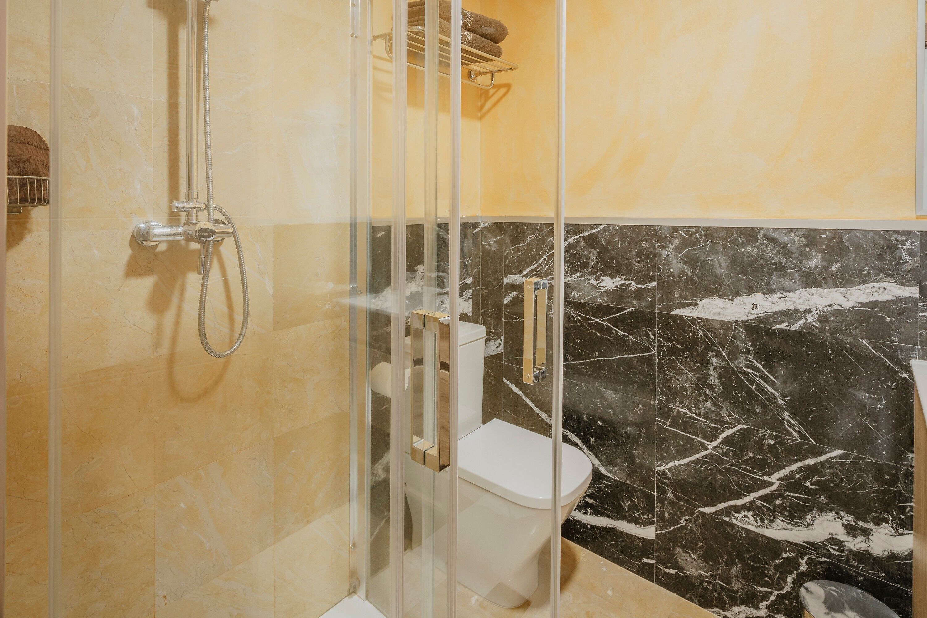 A bathroom with a glass-enclosed shower, a toilet, and a marble backsplash.