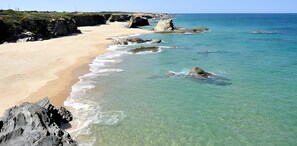 Une plage côtière avec une eau claire, un rivage sablonneux et des affleurements rocheux.