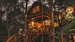 A wooden treehouse with a staircase, surrounded by dense foliage.