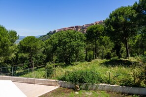 A hillside with trees and a building complex in the background.