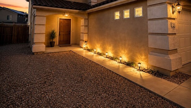 Una casa de dos pisos con porche delantero, entrada para coches e iluminación exterior.
