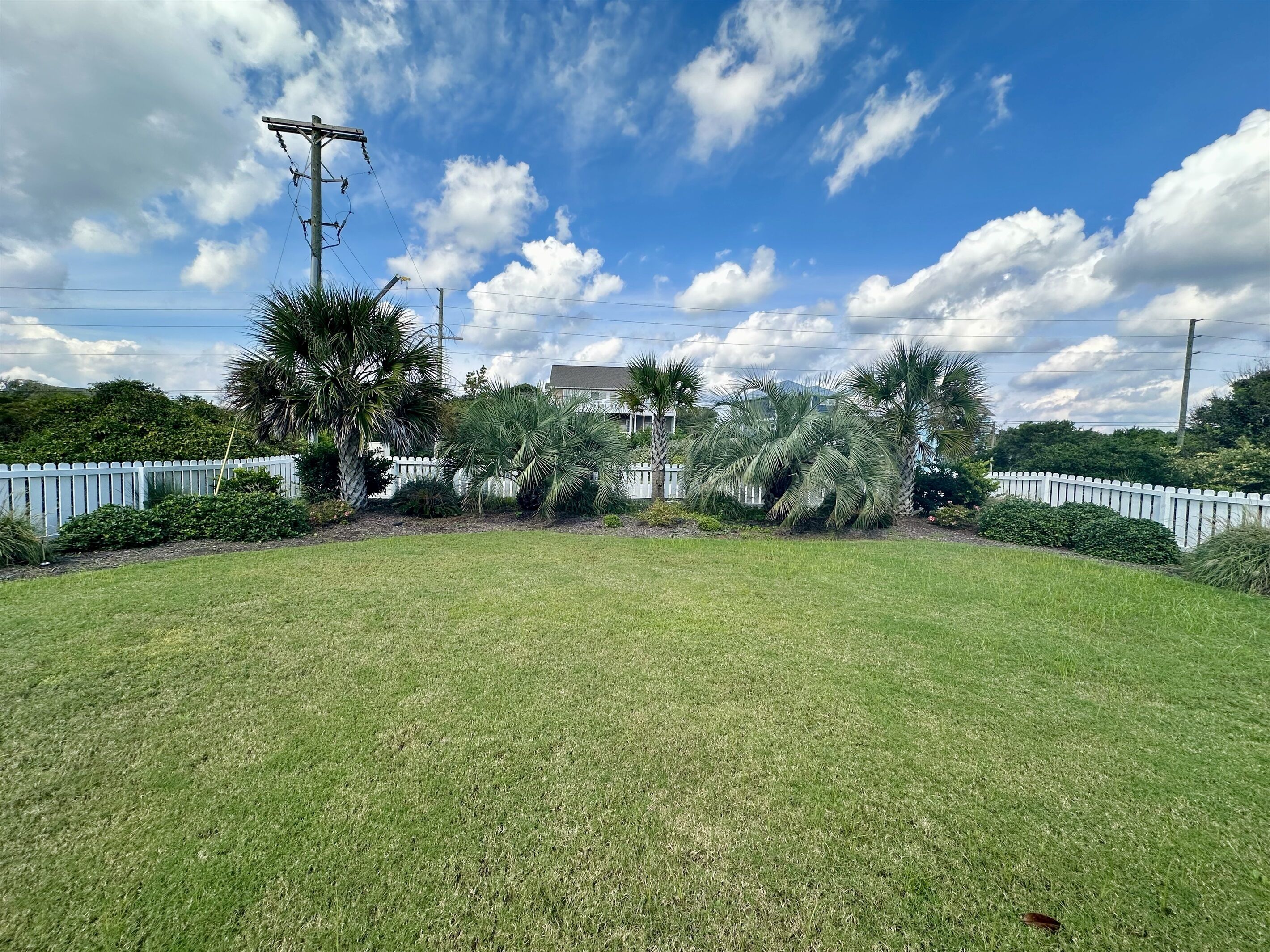 A well-maintained lawn with a white picket fence, palm trees, and a utility pole.
