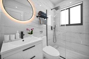Shower, hair dryer, bidet, towels