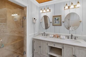Shower, hair dryer, towels - 7BR Family Retreat | Multiple Porches + Private Spaces For Everyone (Tybee Island)