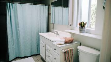 Ducha, secador de pelo, toallas, jabón