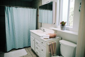 Douche, sèche-cheveux, serviettes fournies, savon