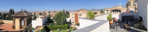Une terrasse sur le toit offrant une vue sur la ville, un petit jardin et des sièges extérieurs.