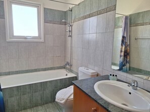 Une salle de bain avec une baignoire, un lavabo, des toilettes et une douche.