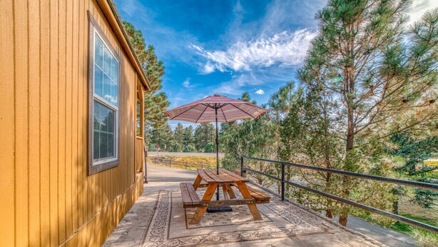 A wooden cabin with a patio area featuring a picnic table and an umbrella. - Pet Friendly | Dog Run | New Remodel | Wildlife (Alto)