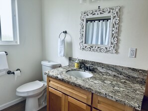 Hair dryer, towels, soap, shampoo