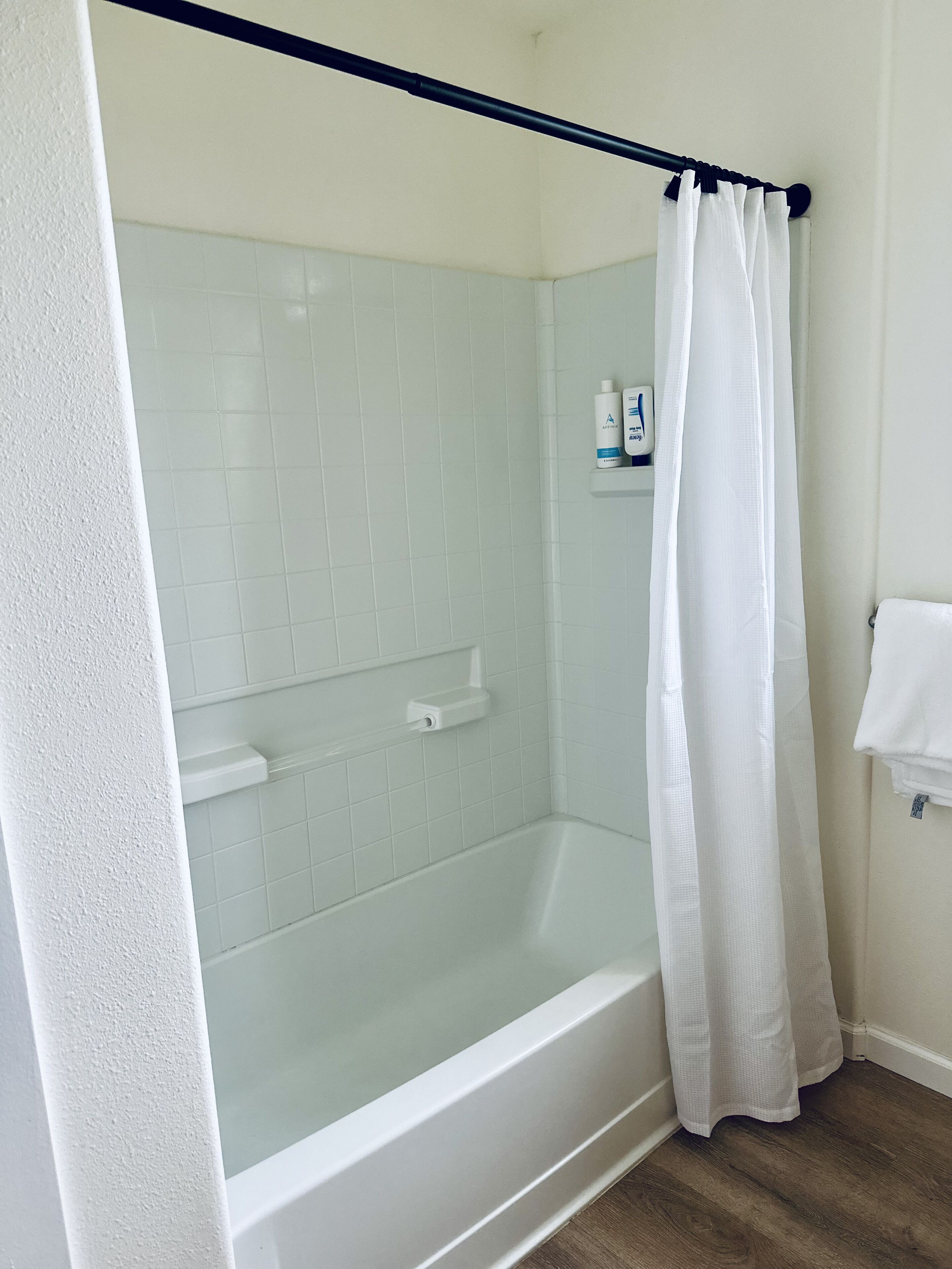 Hair dryer, towels, soap, shampoo