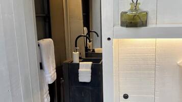 Hair dryer, towels, soap, shampoo