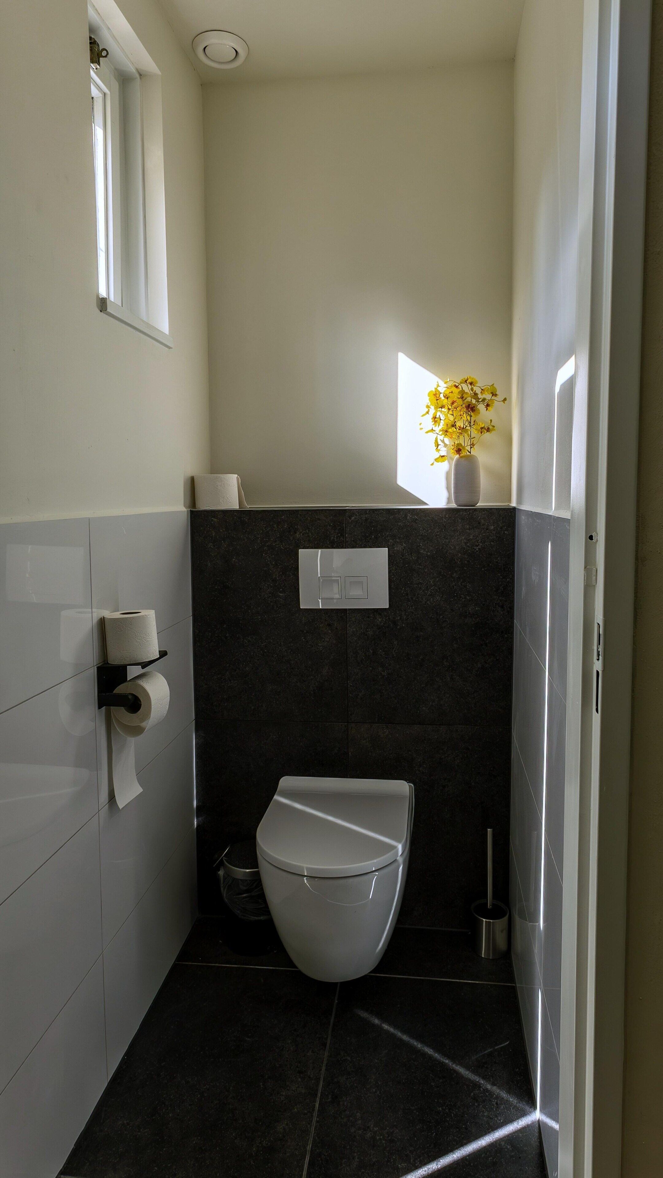 A small, modern bathroom with a toilet, a hand dryer, and a paper towel dispenser.