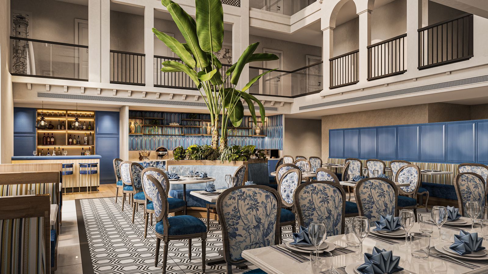 A spacious dining area with high ceilings, multiple dining tables, and blue upholstered chairs.
