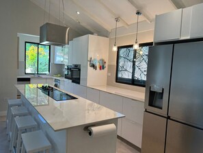 Een moderne keuken met een centraal eiland, roestvrijstalen apparatuur en een raam met een bladmotief.