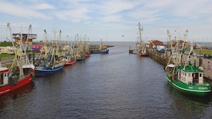 A harbor with multiple fishing boats docked, a crane, and a building in the background. - Haus in Nessmersiel am Wattenmeer (Dornum)