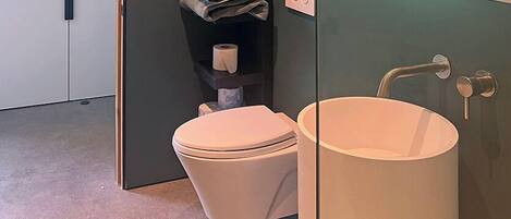 Un baño moderno con inodoro, lavamanos y toallero.