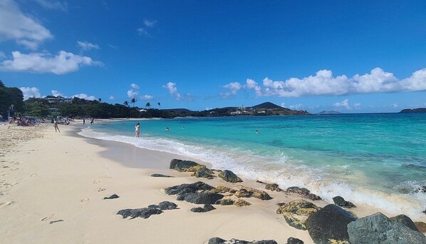 On the beach, sun loungers, beach towels