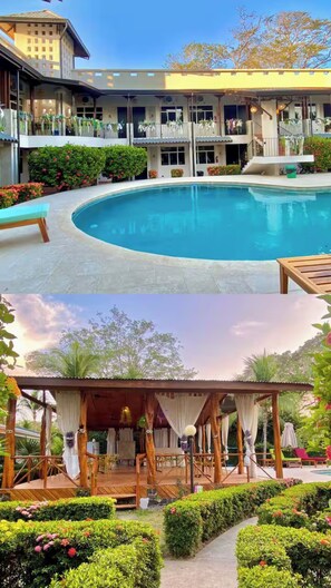 Un hotel con una piscina grande, mobiliario exterior y un exuberante paisaje.