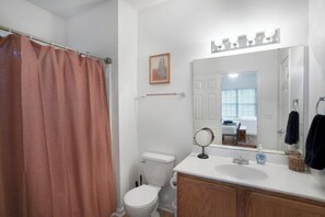 Ein Badezimmer mit Toilette, Waschbecken mit Spiegel und Duschvorhang.