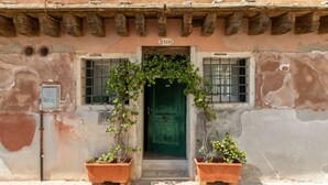 A building with a green door, two potted plants, and a sign that reads "BOX". - Zero Stairs + Canal View (Venezia)